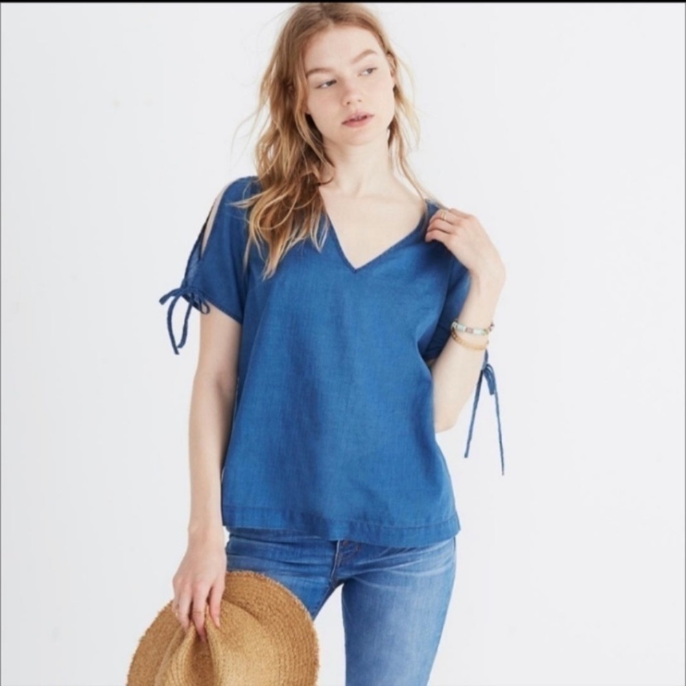 Madewell Blue Tie Sleeve Blouse V Neck Cotton Top Short Sleeve XS Casual